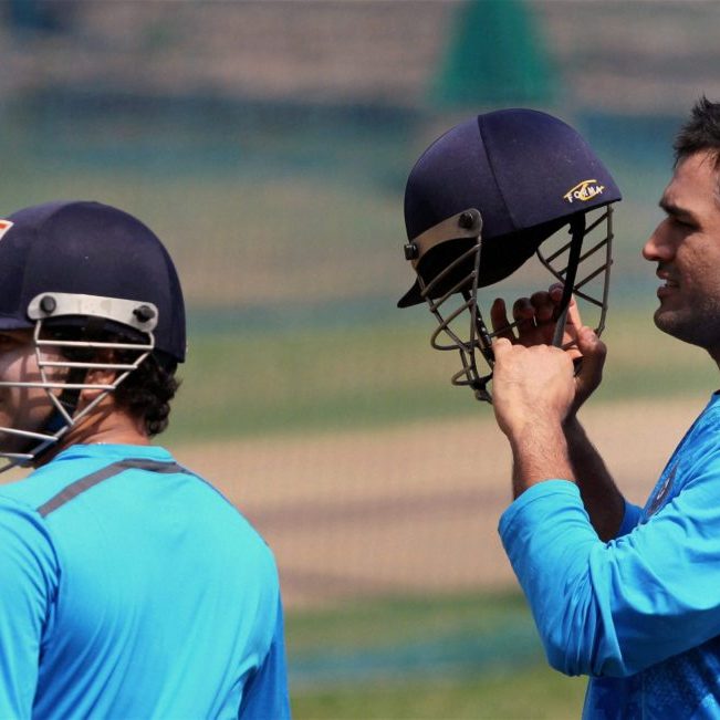 Chennai: Sachin Tendulkar with M.S. Dhoni during a practice session ahead of the first test match against Australia, in Chennai on Thursday. PTI Photo by R Senthil Kumar(PTI2_21_2013_000047B)